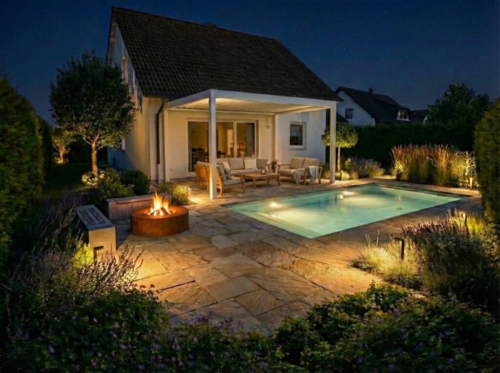 Beleuchtetes Einfamilienhaus mit Pool, Terrasse und Feuerstelle im Garten bei Nacht