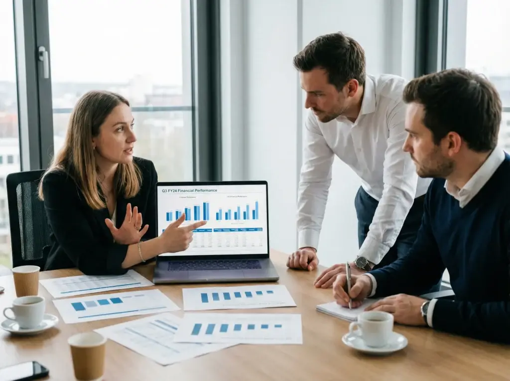 Finanzpräsentation im Unternehmen mit Laptop, Balkendiagrammen und Team in strategischer Besprechung