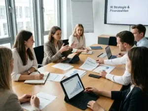 IR Strategie Meeting mit Team und Analyse von Finanzzahlen an Tablets und Präsentationsscreen