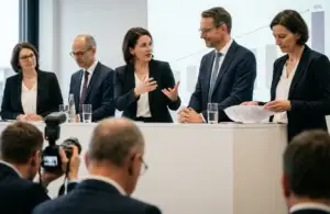 Vorstand bei Pressekonferenz mit Präsentation zu Umsatzwachstum Q4 2025 und Diagramm im Hintergrund