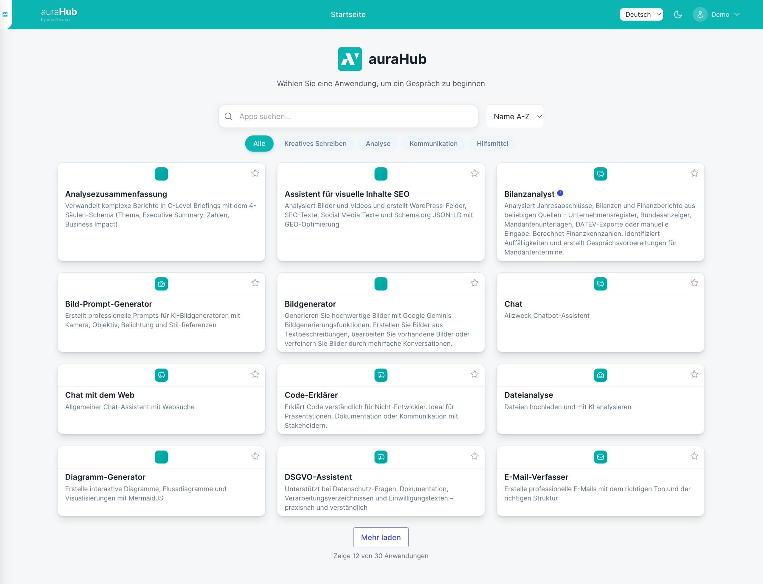 Screenshot der auraHub-Startseite mit App-Kacheln, Suchfeld und Kategorienavigation