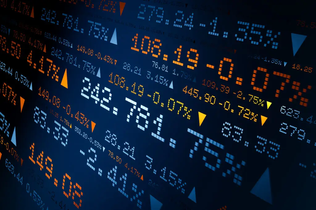 Stock market display with stock prices, percentages, and arrows for market movements in blue-orange representation