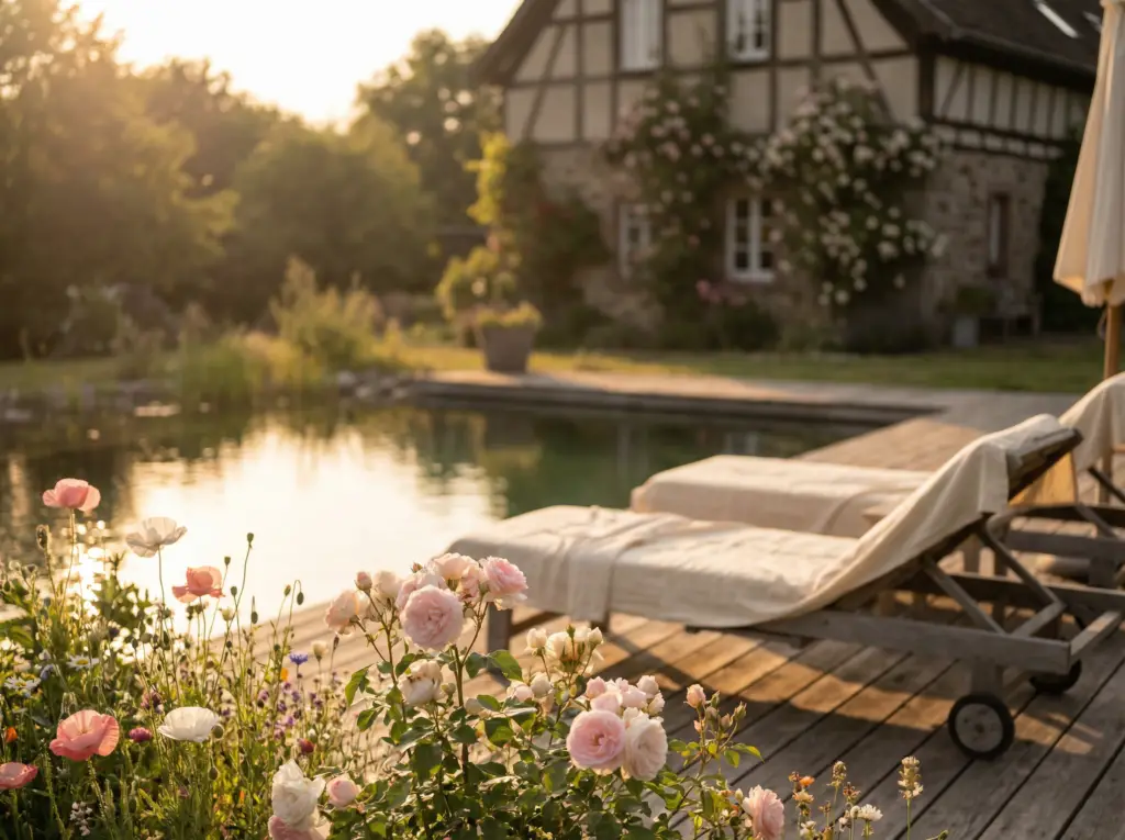 Landhausgarten mit Naturpool, Holzterrasse und Liegen zwischen Rosen und Stauden im warmen Abendlicht