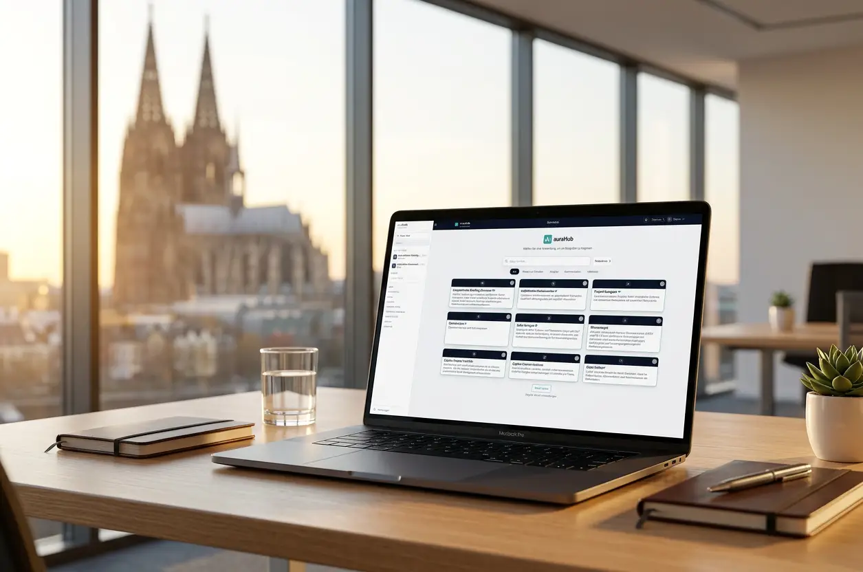 Laptop mit geöffneter auraHub Plattform auf Schreibtisch vor Kölner Dom im Abendlicht