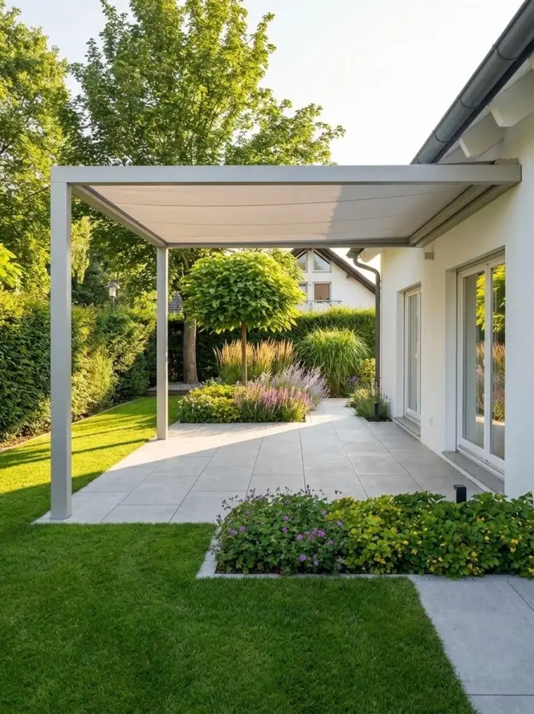 Modern patio with a metal canopy and a well-kept garden