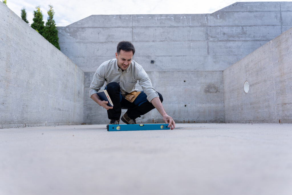 Tradesperson checks concrete floor with a spirit level in the shell of a pool