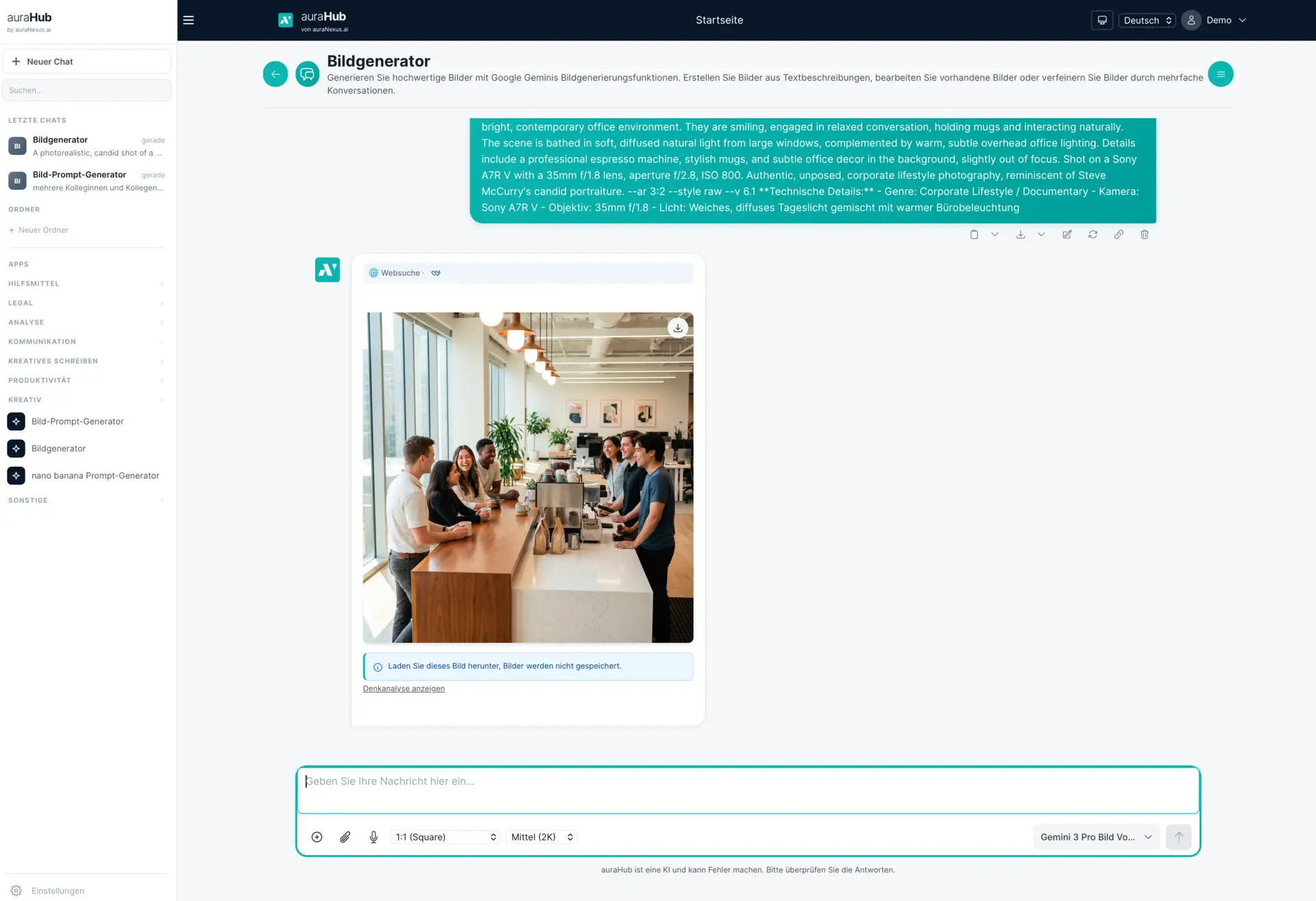 auraHub Bildgenerator für KI Bilderstellung mit Prompt und Vorschau