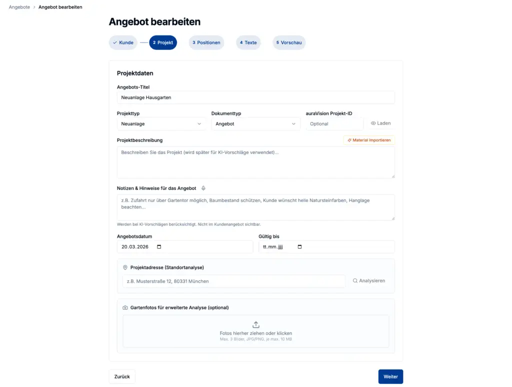 Editing a quote in auraQuote with project data for a new residential garden build and form fields for description and address