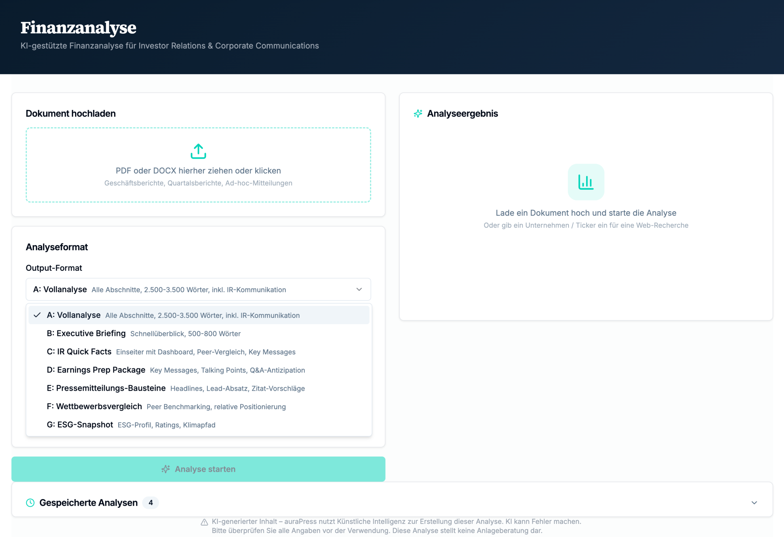 auraPress Finanzanalyse-Modul: Alle sieben Ausgabeformate von Vollanalyse bis Earnings Prep Package
