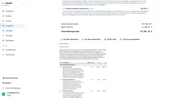 Angebotsübersicht mit Gesamtsumme und Exportoptionen in auraQuote