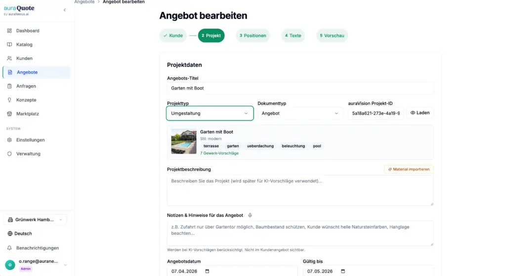Benutzeroberfläche zur Bearbeitung eines Gartenangebots in auraQuote