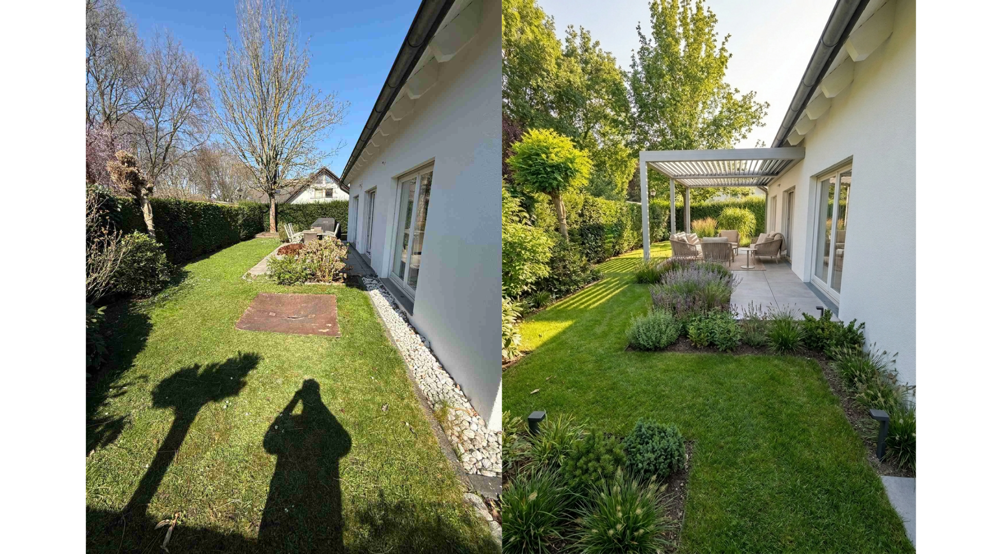 Before and after of a residential garden. On the left, the existing garden with lawn, a single tree, and a simple terrace; on the right, the redesigned garden with an aluminum pergola, perennial bed, lavender, and seating area.
