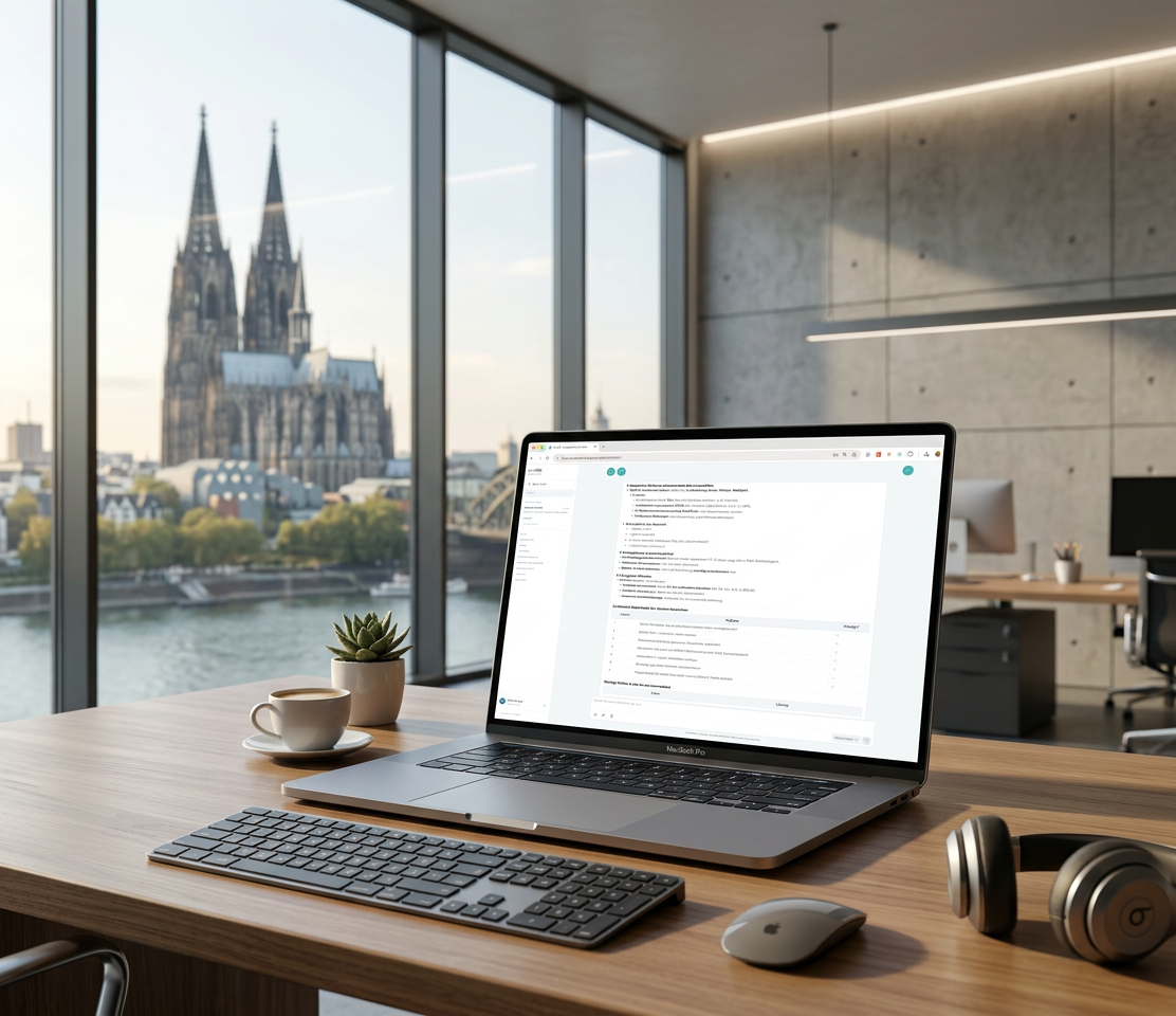 Modern workplace with the auraHub dashboard on a monitor, with Cologne Cathedral in the background. The platform runs in the company’s own infrastructure at the Frechen site near Cologne.