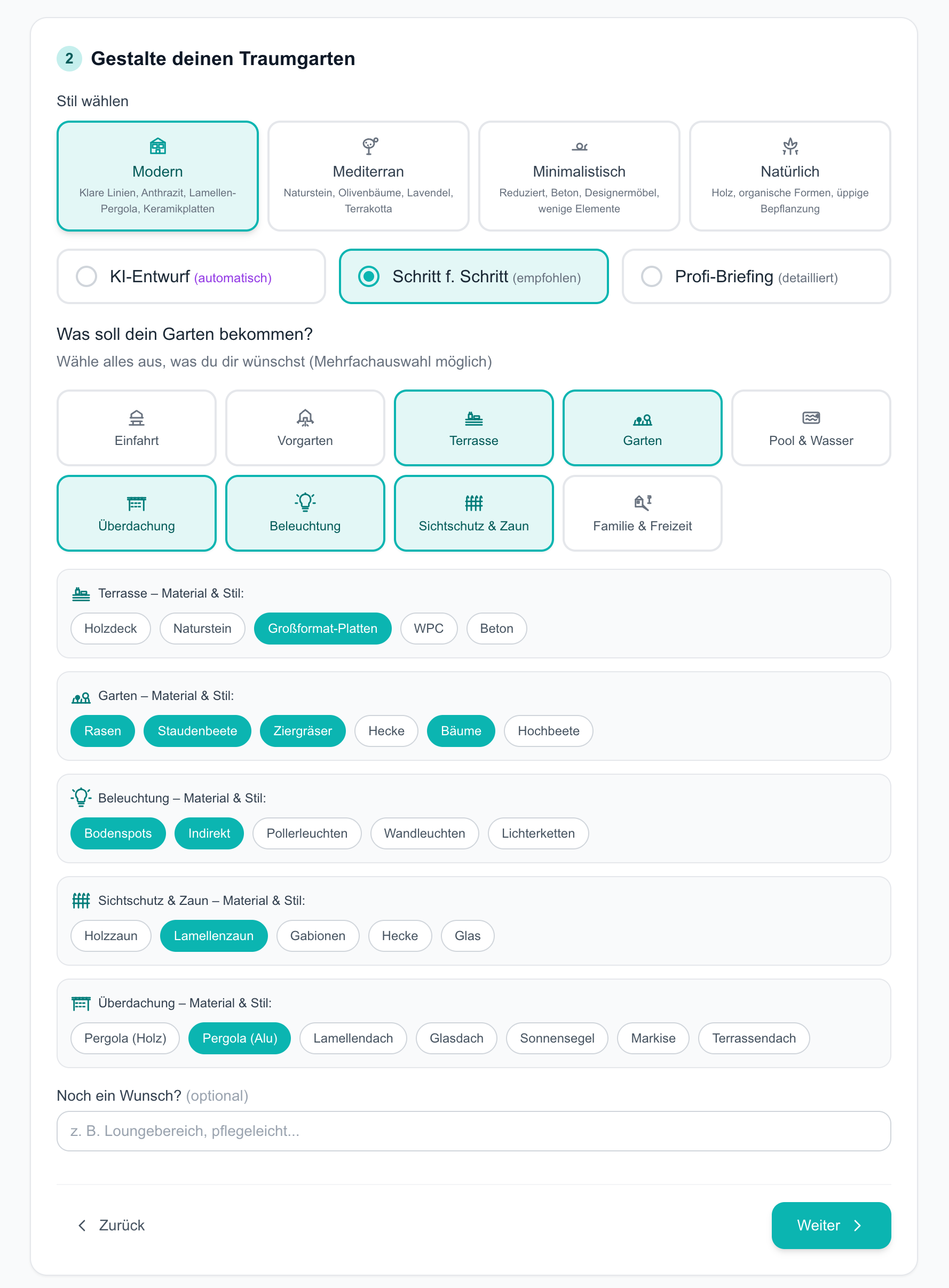 auraVision configurator in step-by-step mode with selection of the Modern style, activated areas for terrace, garden, roofing, lighting, and privacy screen, as well as associated material options.