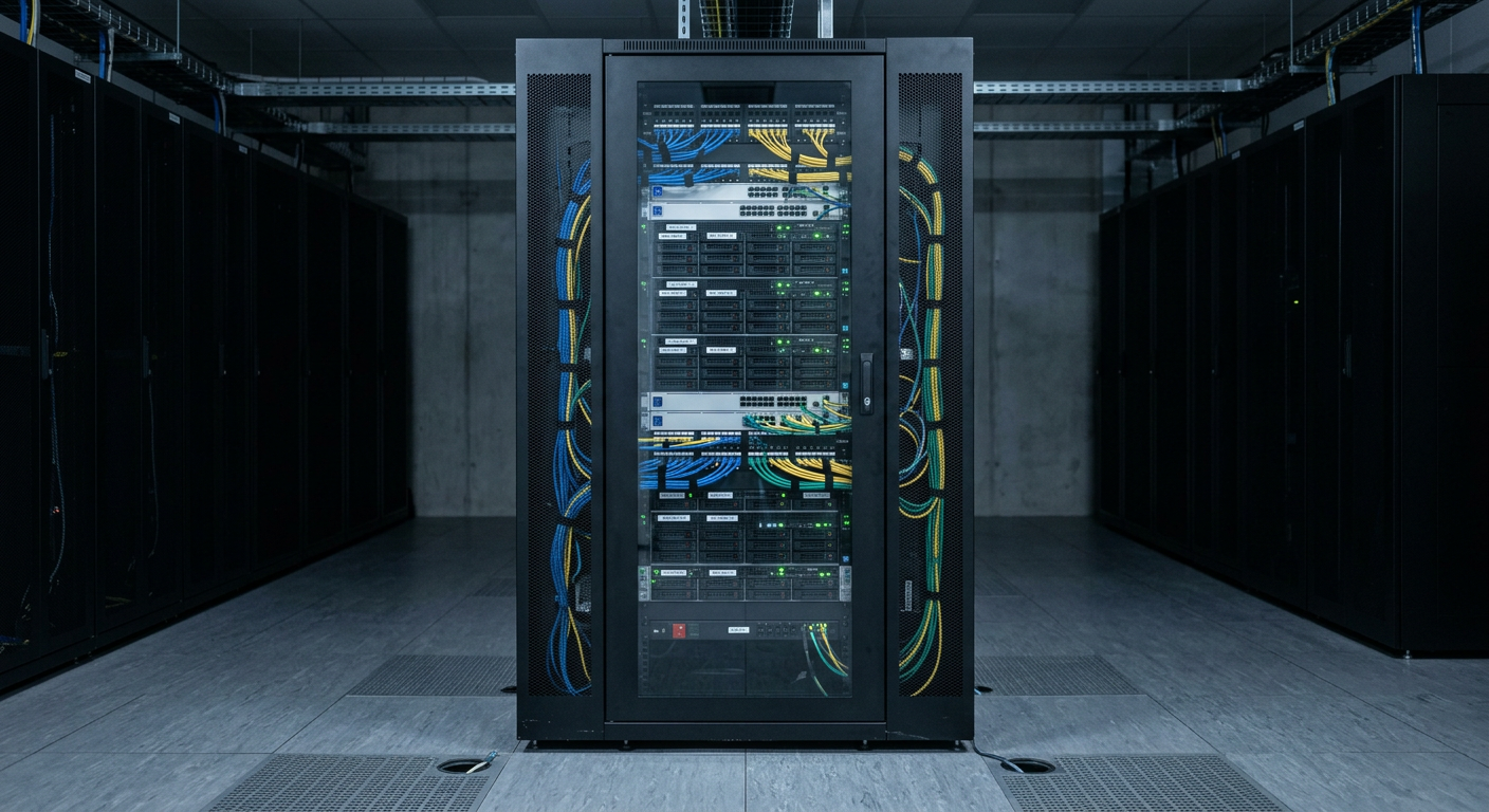 Servers in a data center with modern network infrastructure. Symbolic image for auraHub’s self-hosted platform layer within the company’s own infrastructure.