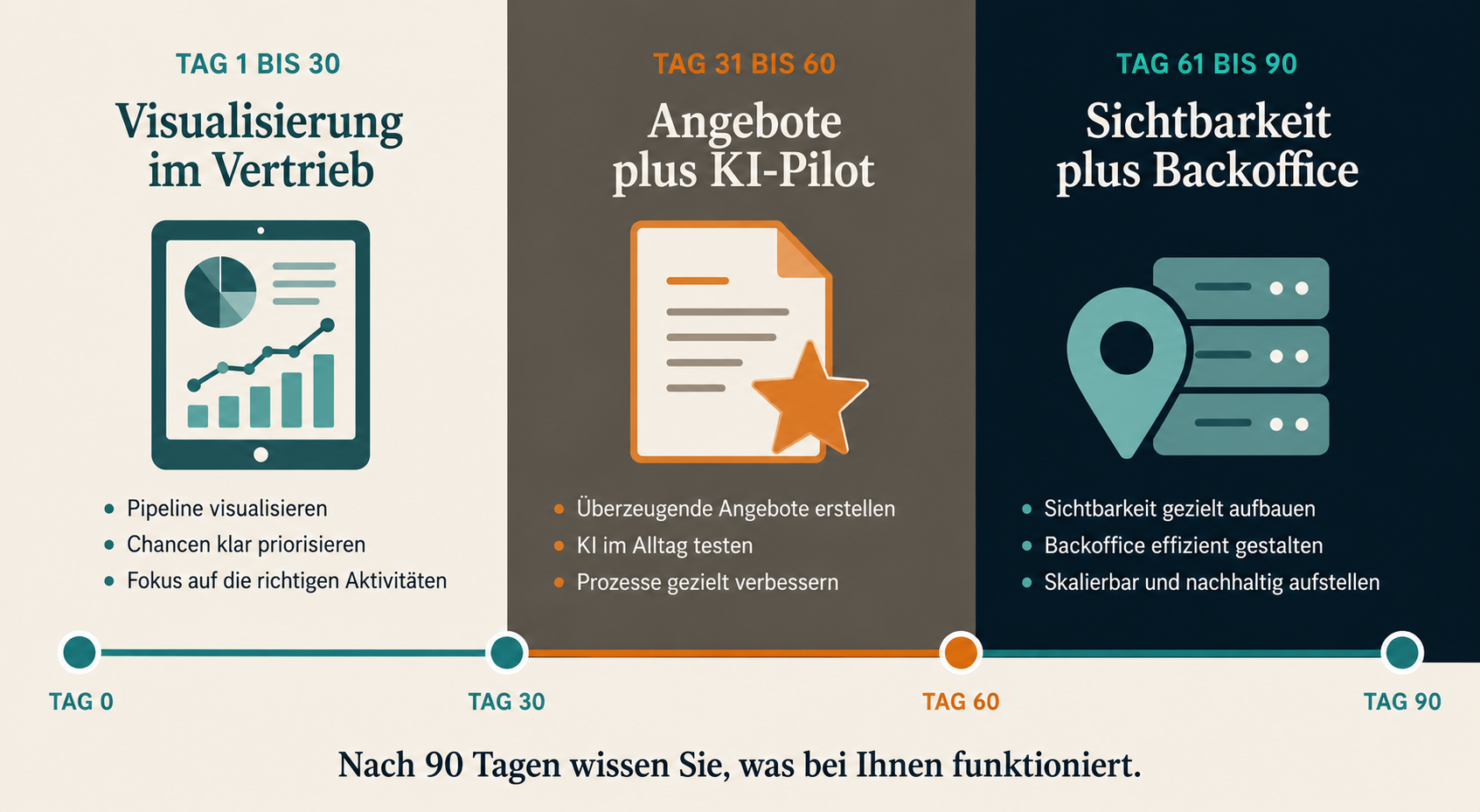 90-Tage-Entwicklungsweg in drei Phasen: Visualisierung im Vertrieb, Angebote plus KI-Pilot, Sichtbarkeit plus Backoffice, mit Zeitstrahl von Tag 0 bis Tag 90.