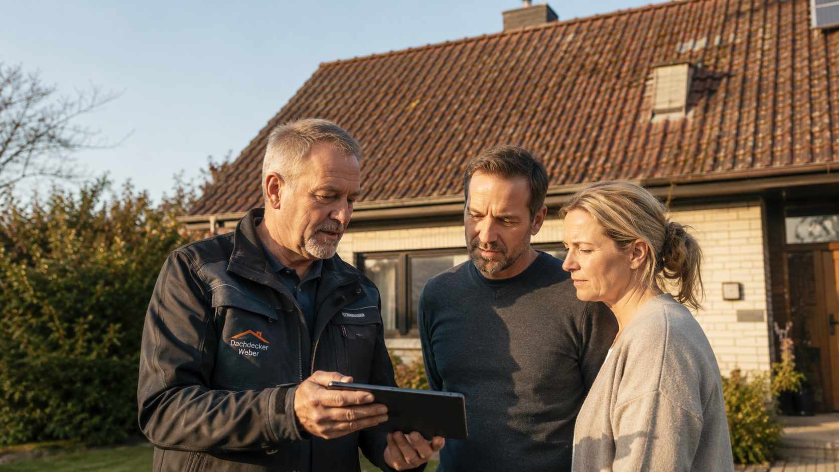 Dachdeckermeister zeigt einer Eigent&uuml;merfamilie auf dem Tablet die Visualisierung ihres geplanten Daches vor ihrem Haus im Sp&auml;tnachmittagslicht.