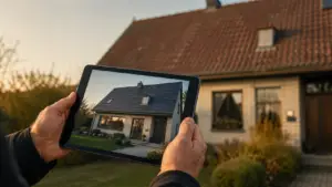 Dachdecker hält iPad mit Hausvisualisierung vor einem Wohnhaus
