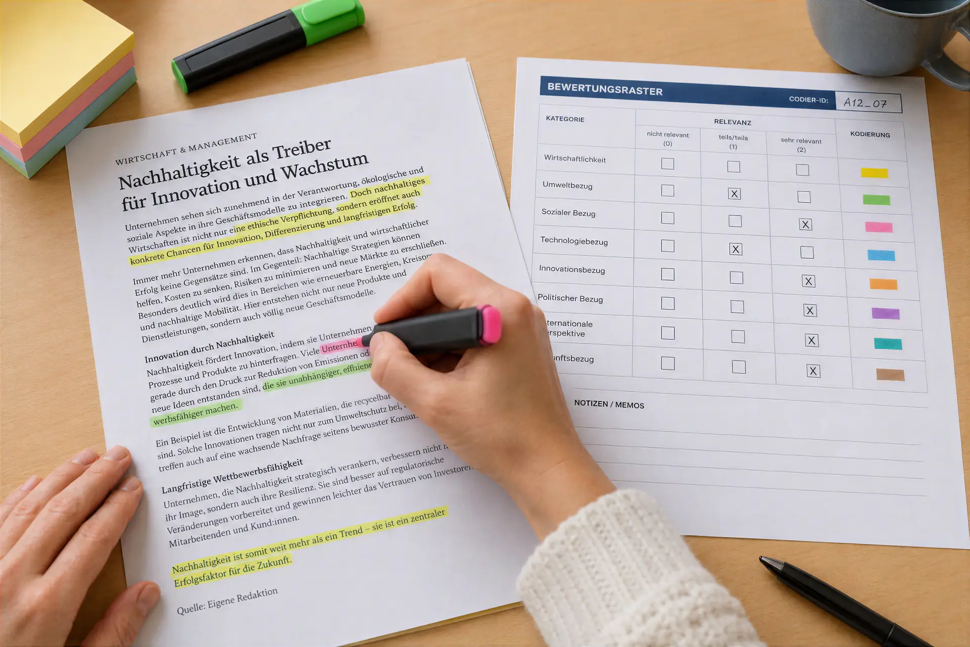 Manual coding of a newspaper article with an evaluation grid for tone and relevance