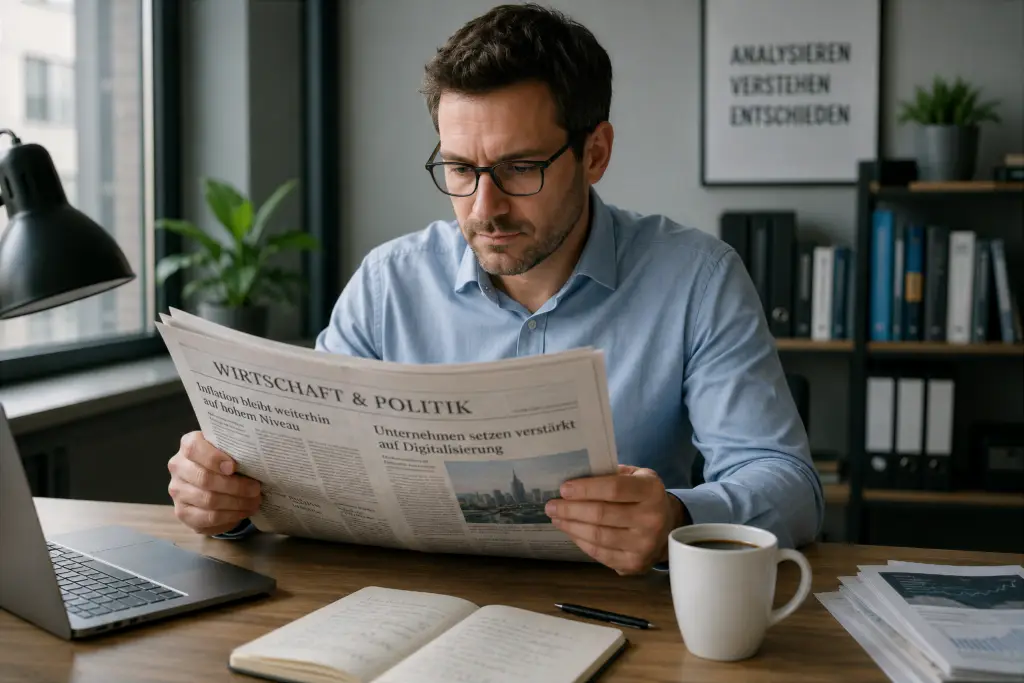 Analyst reads the daily newspaper at their desk and evaluates current business and political news.