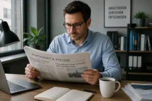 Analyst reads the daily newspaper at their desk and evaluates current business and political news.