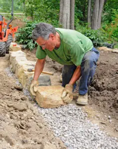 Landscaper places a large natural stone into a prepared gravel bed for a low dry stone wall